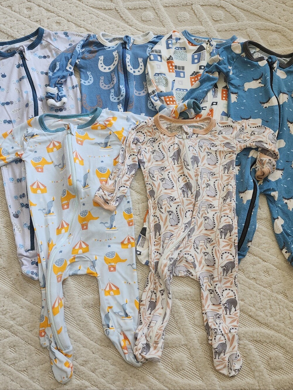 0-3mo  Bundle Of 6 Blue & Beige One-Piece Footed Pajamas - Soft Sleeper